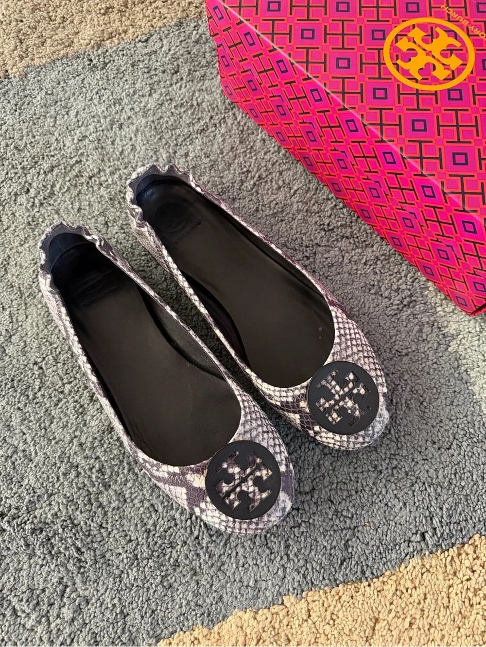 Tory Burch Stamped Snake Minnie Travel Ballet Metal Logo - Soft Nappa Leather